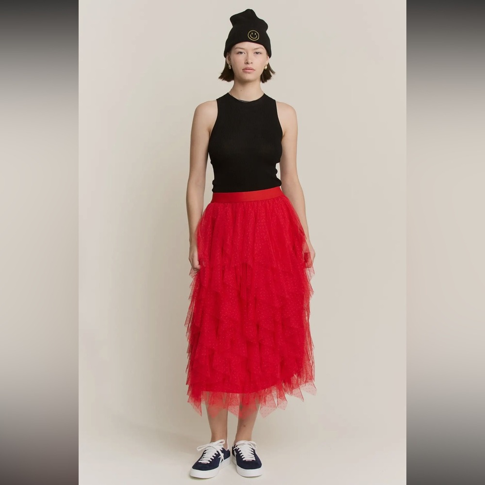 Jade by Jane Polka Dot Layered Red Tulle Midi Skirt
